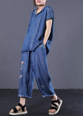 Zweiteiliges, jeansblaues Vintage-Baumwoll-Oberteil mit Kapuze und kurzen Ärmeln und Patchwork-Hose